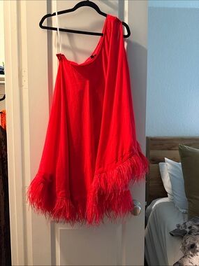 NBD Red Feather-Hem one shoulder Women's dress